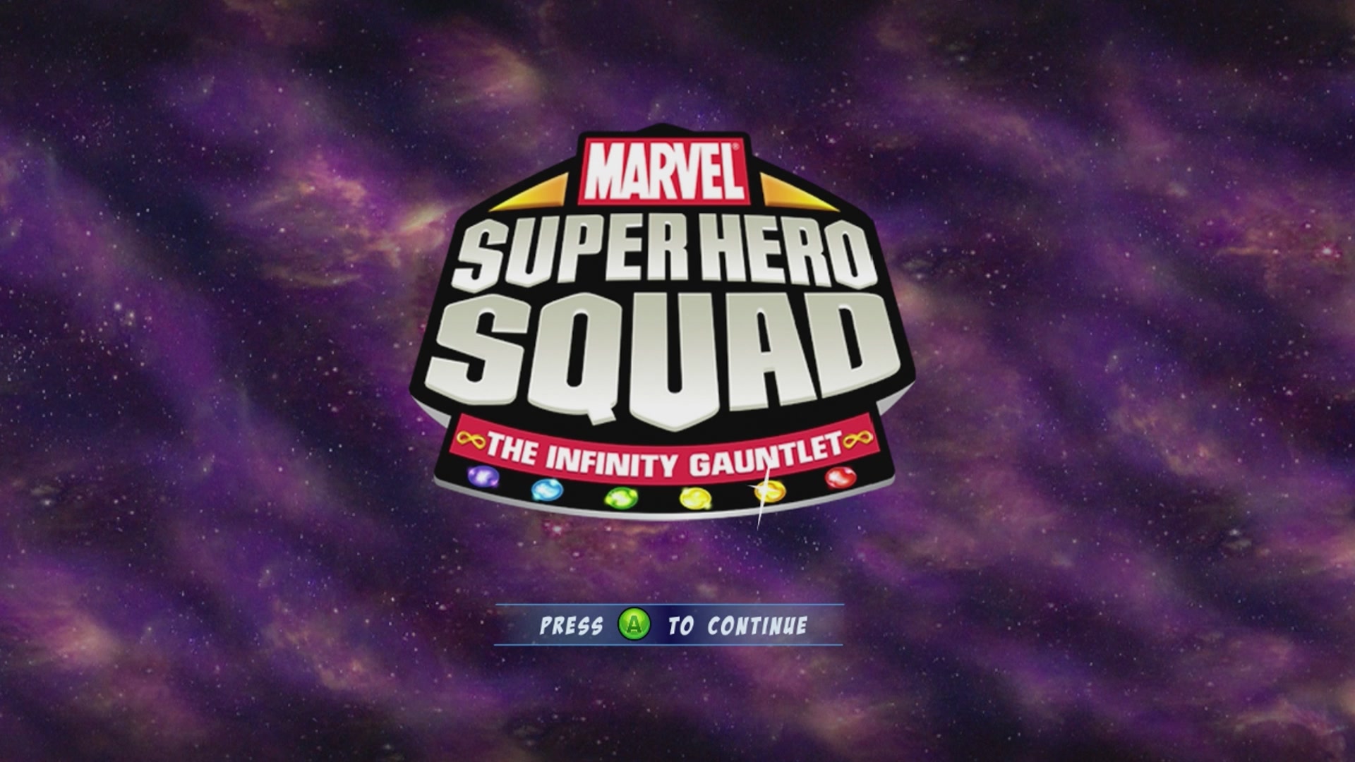 Marvel Super Hero Squad: The Infinity Gauntlet title screen for Xbox 360